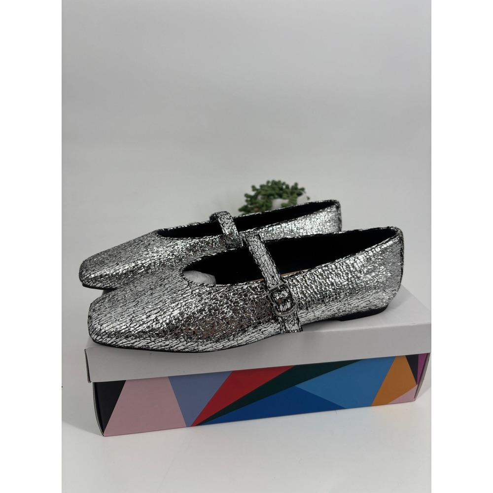 Katy Perry‎ Mary Jane Womens 10 Silver The Evie KP3265 Metallic Cracked Flat